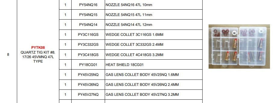 Tig Consumables Quartz Series Kit #8 Suits 17/18/26 Style Torches 47l 1-piece Type