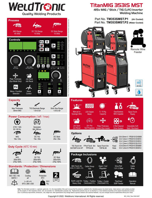 Mig Welder Weldtronic Titan 353is Mst Air Cooled Multi-function Synergic Mig Welder With Remote Wirefeeder 415v 