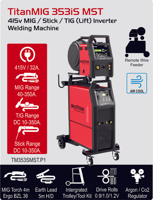 Mig Welder Weldtronic Titan 353is Mst Air Cooled Multi-function Synergic Mig Welder With Remote Wirefeeder 415v