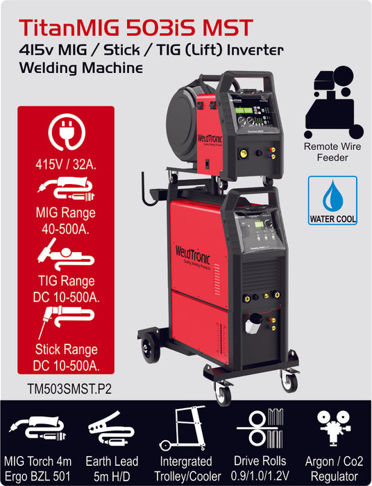 Mig Welder Weldtronic Titan 503is Water Cooled Multi-function Synergic Mig Welder With Remote Wirefeeder 415v