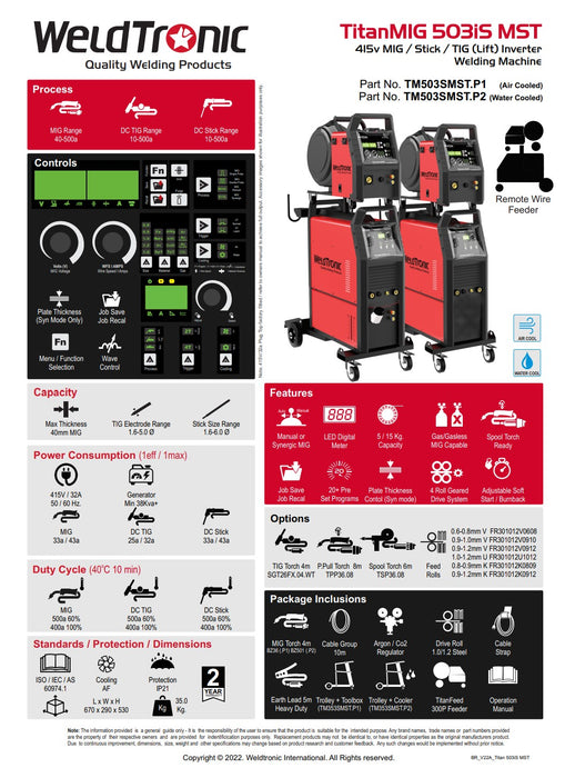 Mig Welder Weldtronic Titan 503is Water Cooled Multi-function Synergic Mig Welder With Remote Wirefeeder 415v