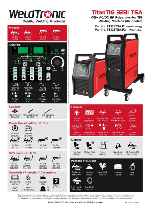 Tig Welder Ac/dc Weldtronic Titan 323i Tsa 320a 415v