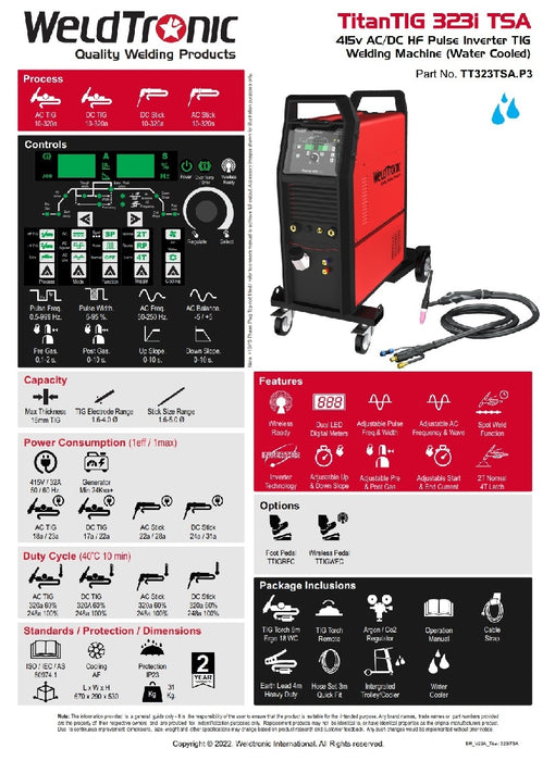 Tig Welder Ac/dc Weldtronic Titan 323i Tsa 320a 415v