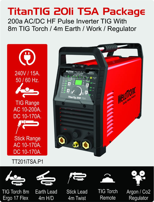 Tig Welder Ac/dc Weldtronic Titan 201i Tsa 200a 240v 15a Plug