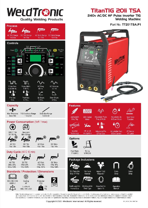 Tig Welder Ac/dc Weldtronic Titan 201i Tsa 200a 240v 15a Plug