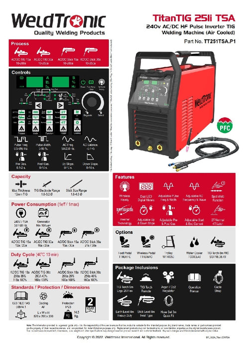 Tig Welder Ac/dc Weldtronic Titan 251i Tsa 250a 240v 15a