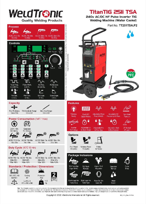 Tig Welder Ac/dc Weldtronic Titan 251i Tsa 250a 240v 15a