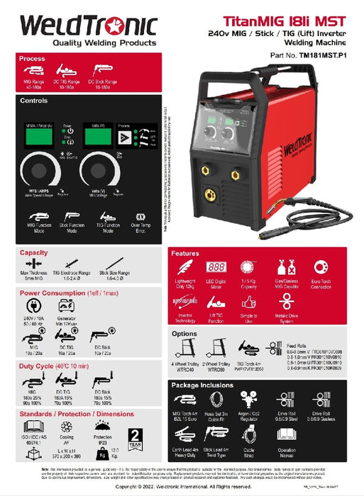 Mig Welder Weldtronic Titan 181i Mst 180amp Multi-function Mig Welder 240v 10a Plug