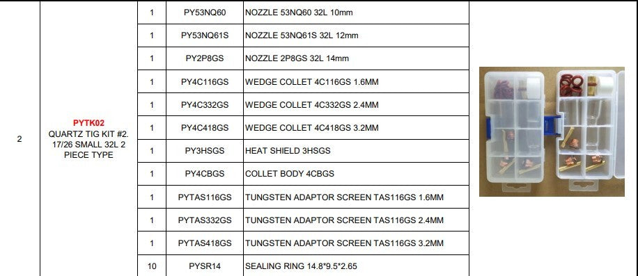 Tig Consumables Quartz Series Kit #2 Suits 1718//26 Style Torches 32l Stubby 2-piece Type