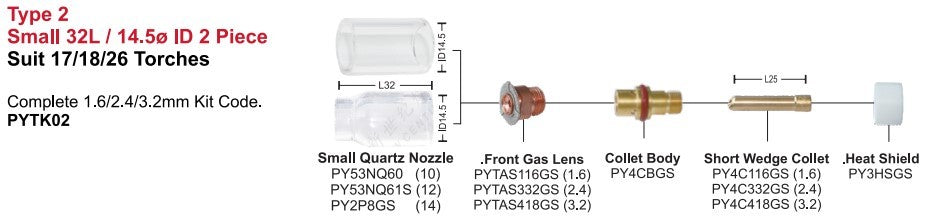 Tig Consumables Quartz Series Kit #2 Suits 1718//26 Style Torches 32l Stubby 2-piece Type