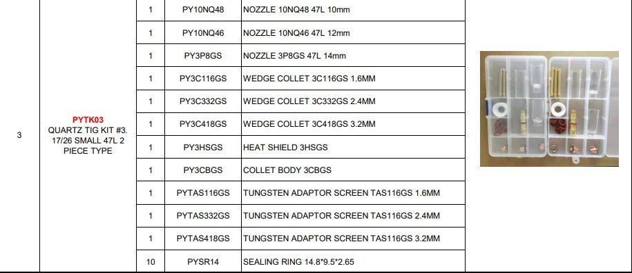 Tig Consumables Quartz Series Kit #3 Suits 17/18/26 Style Torches 47l 2 Piece Type