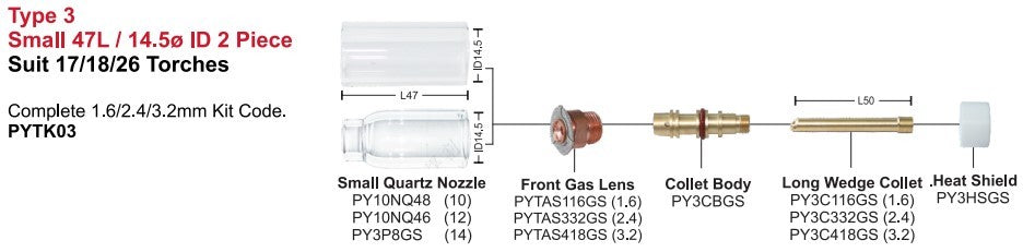 Tig Consumables Quartz Series Kit #3 Suits 17/18/26 Style Torches 47l 2 Piece Type