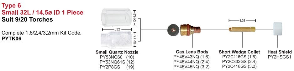 Tig Consumables Quartz Series Kit #6 Suits 9/20 Style Torches Stubby 32l Type