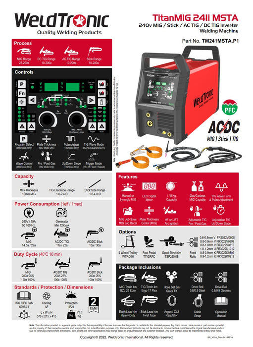 Mig Welder & Tig Welder Weldtronic Titan 241i Msta 4in1 Multi-function Mig, Stick & Ac/dc Tig Welder 220amp 240v 15a