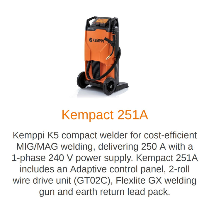 Kemppi Kempact Ra 251a Mig Welder Package 240v Lcd Adaptive Control Panel